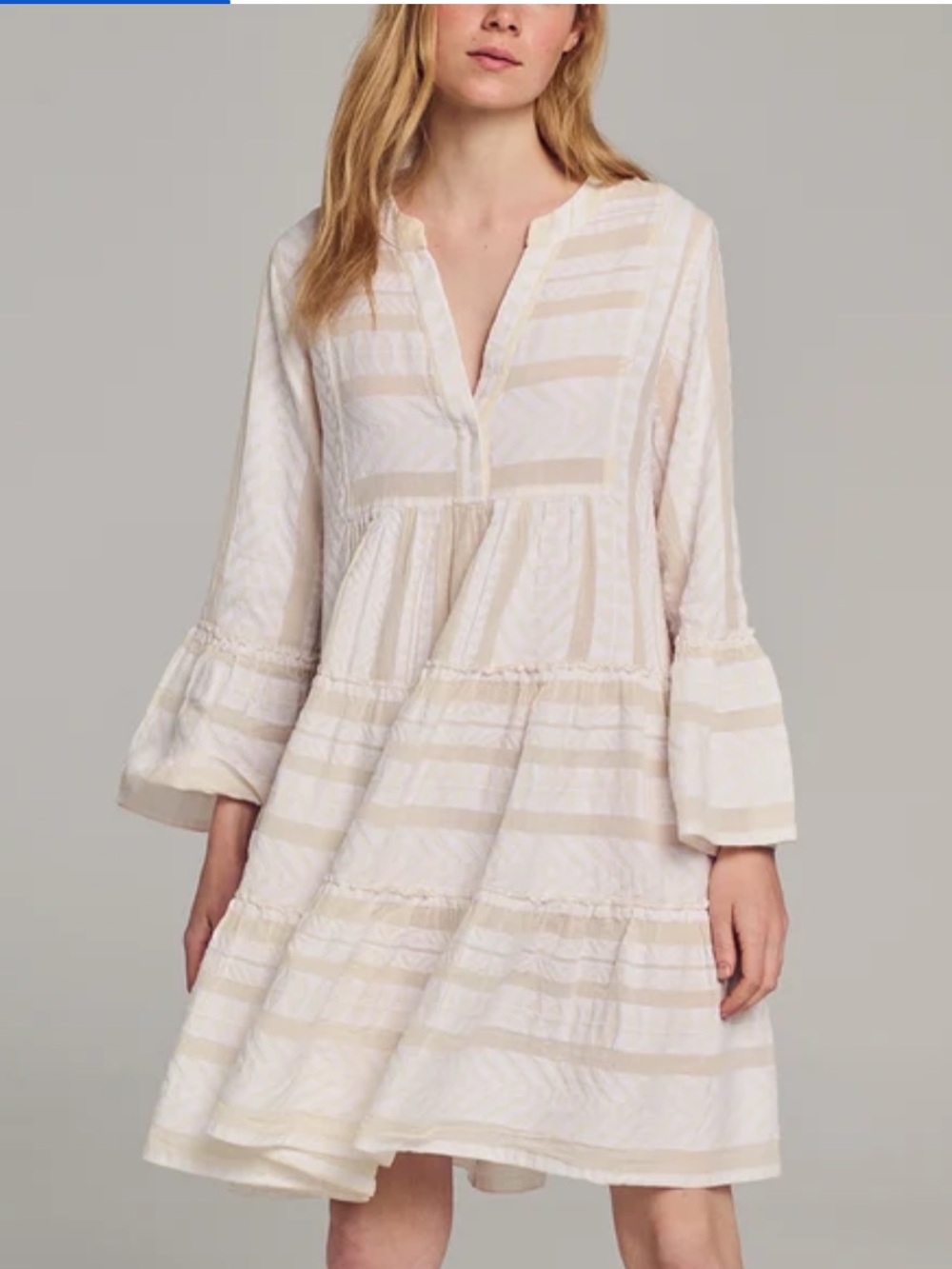 Tiered V-Neck Mini Dress in Cream and Beige